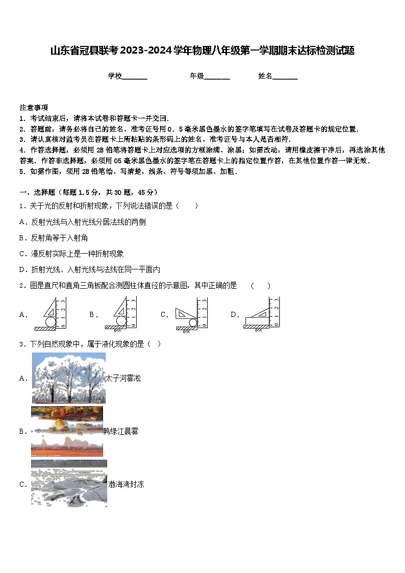山东省冠县联考2023-2024学年物理八年级第一学期期末达标检测试题含答案第1页