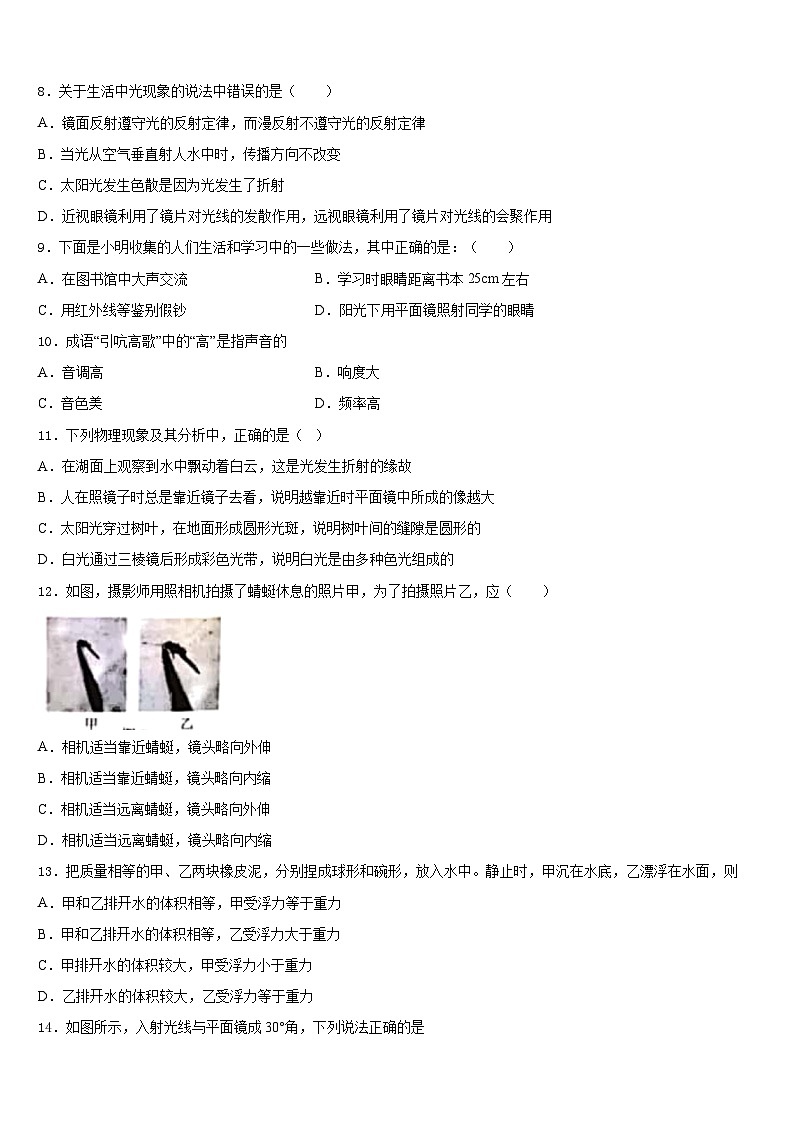 山东省滨州市2023-2024学年八上物理期末复习检测试题含答案第3页