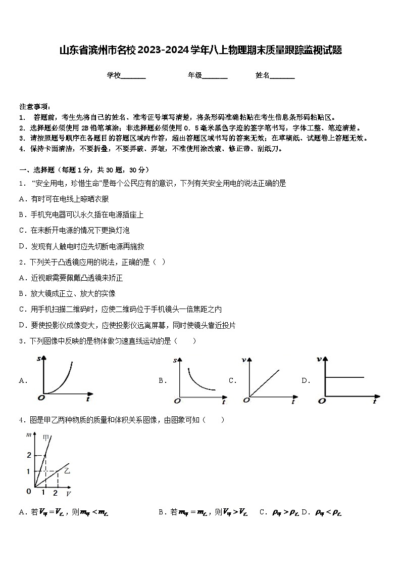 山东省滨州市名校2023-2024学年八上物理期末质量跟踪监视试题含答案01