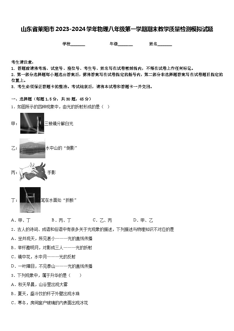 山东省莱阳市2023-2024学年物理八年级第一学期期末教学质量检测模拟试题含答案第1页