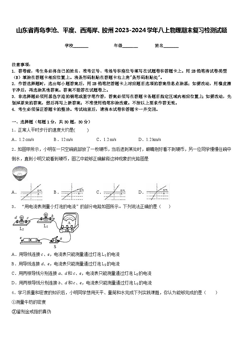 山东省青岛李沧、平度、西海岸、胶州2023-2024学年八上物理期末复习检测试题含答案第1页