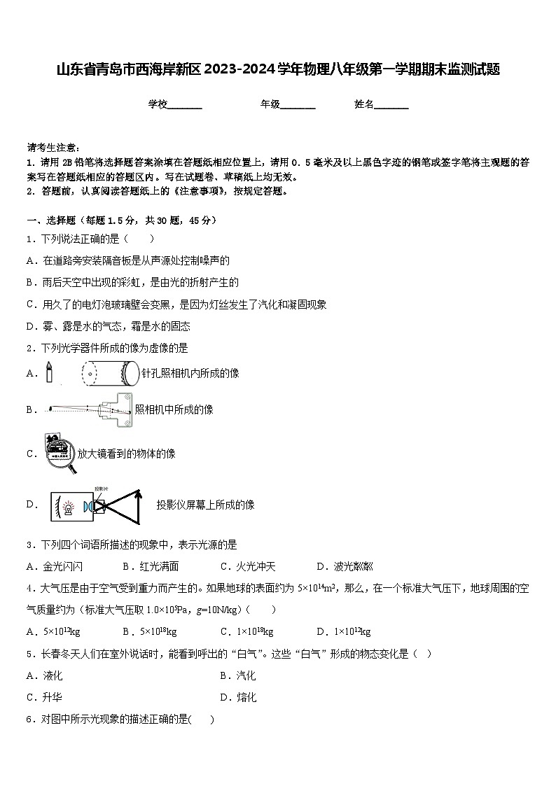 山东省青岛市西海岸新区2023-2024学年物理八年级第一学期期末监测试题含答案第1页
