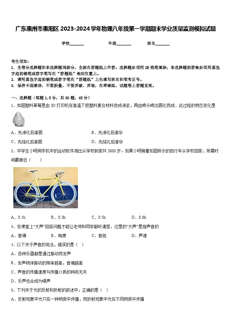 广东惠州市惠阳区2023-2024学年物理八年级第一学期期末学业质量监测模拟试题含答案01