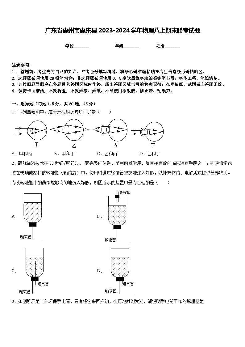 广东省惠州市惠东县2023-2024学年物理八上期末联考试题含答案第1页