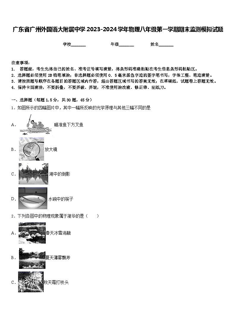 广东省广州外国语大附属中学2023-2024学年物理八年级第一学期期末监测模拟试题含答案第1页