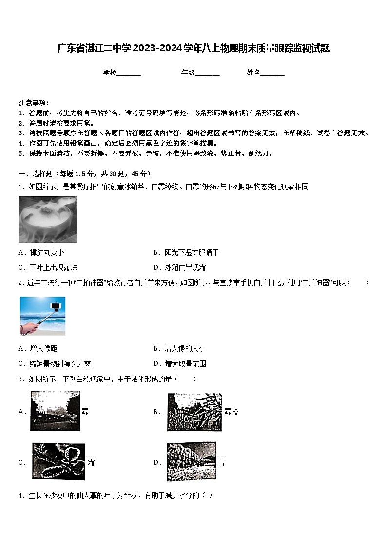 廣東省湛江二中學(xué)2023-2024學(xué)年八上物理期末質(zhì)量跟蹤監(jiān)視試題含答案第1頁