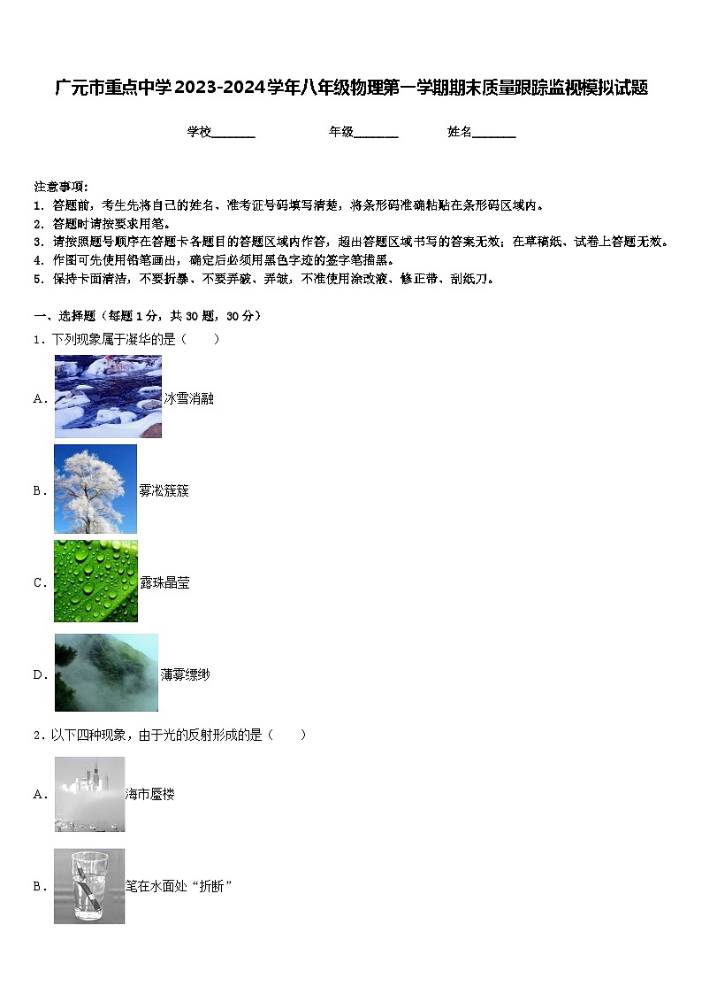 广元市重点中学2023-2024学年八年级物理第一学期期末质量跟踪监视模拟试题含答案01