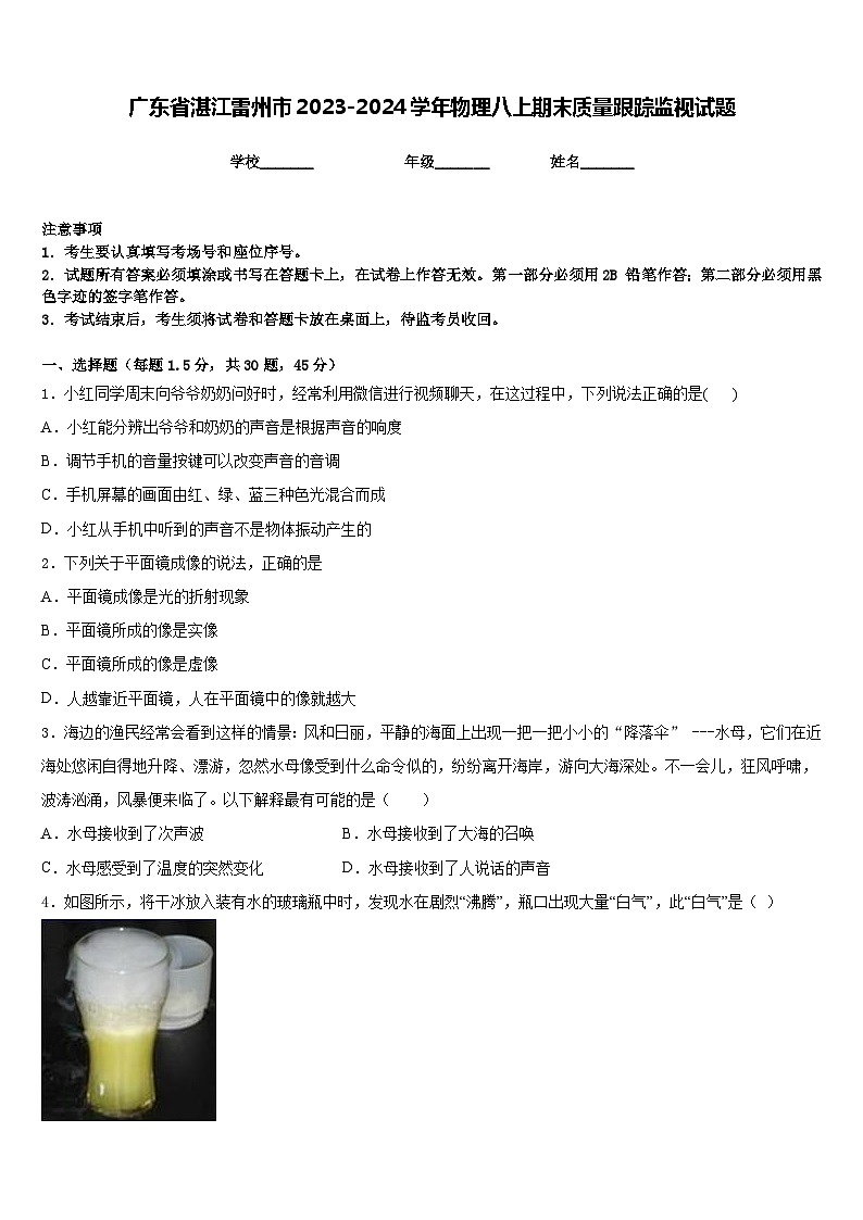 廣東省湛江雷州市2023-2024學(xué)年物理八上期末質(zhì)量跟蹤監(jiān)視試題含答案第1頁(yè)