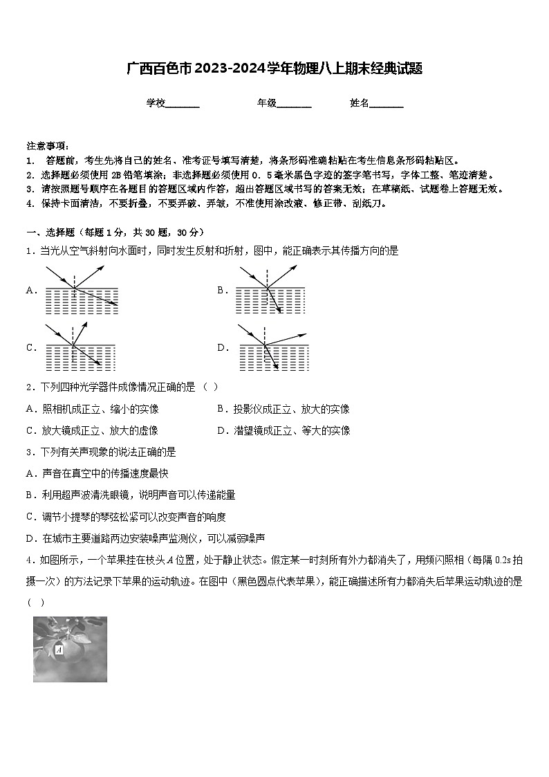 广西百色市2023-2024学年物理八上期末经典试题含答案01
