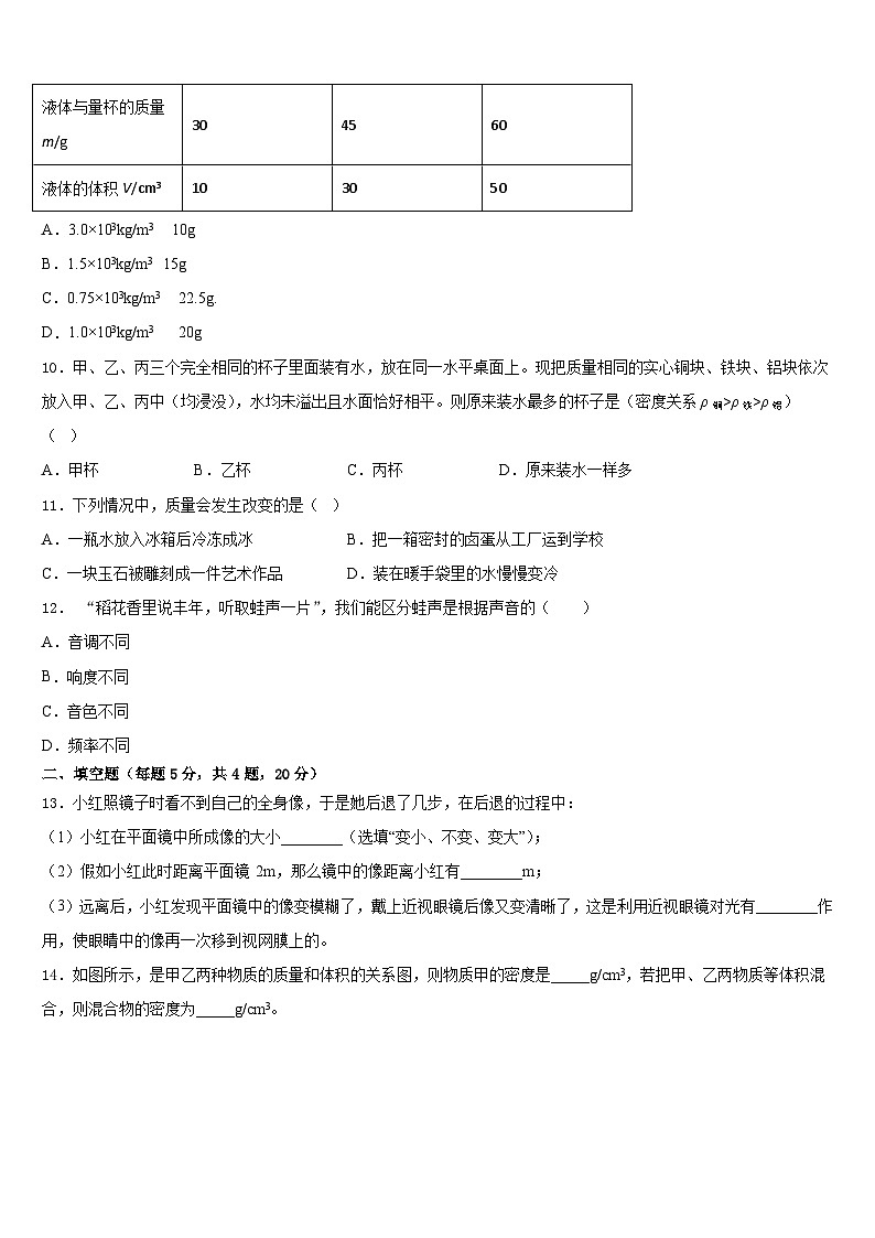 福建省厦门市同安区五校2023-2024学年八上物理期末达标检测模拟试题含答案第3页