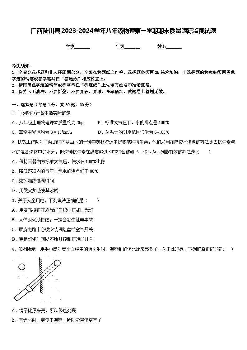 廣西陸川縣2023-2024學(xué)年八年級物理第一學(xué)期期末質(zhì)量跟蹤監(jiān)視試題含答案第1頁