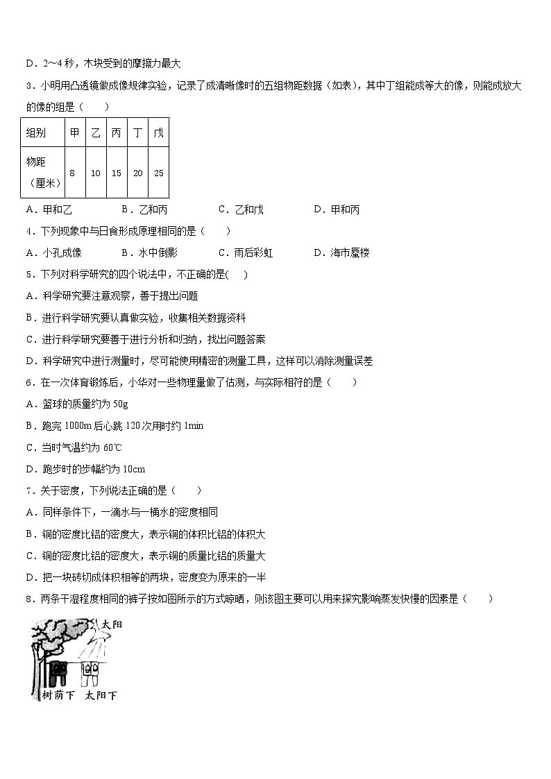 江苏省淮安市洪泽湖初级中学2023-2024学年物理八上期末学业质量监测模拟试题含答案02