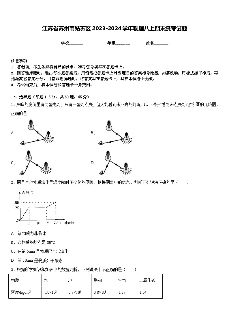 江蘇省蘇州市姑蘇區(qū)2023-2024學年物理八上期末統考試題含答案第1頁