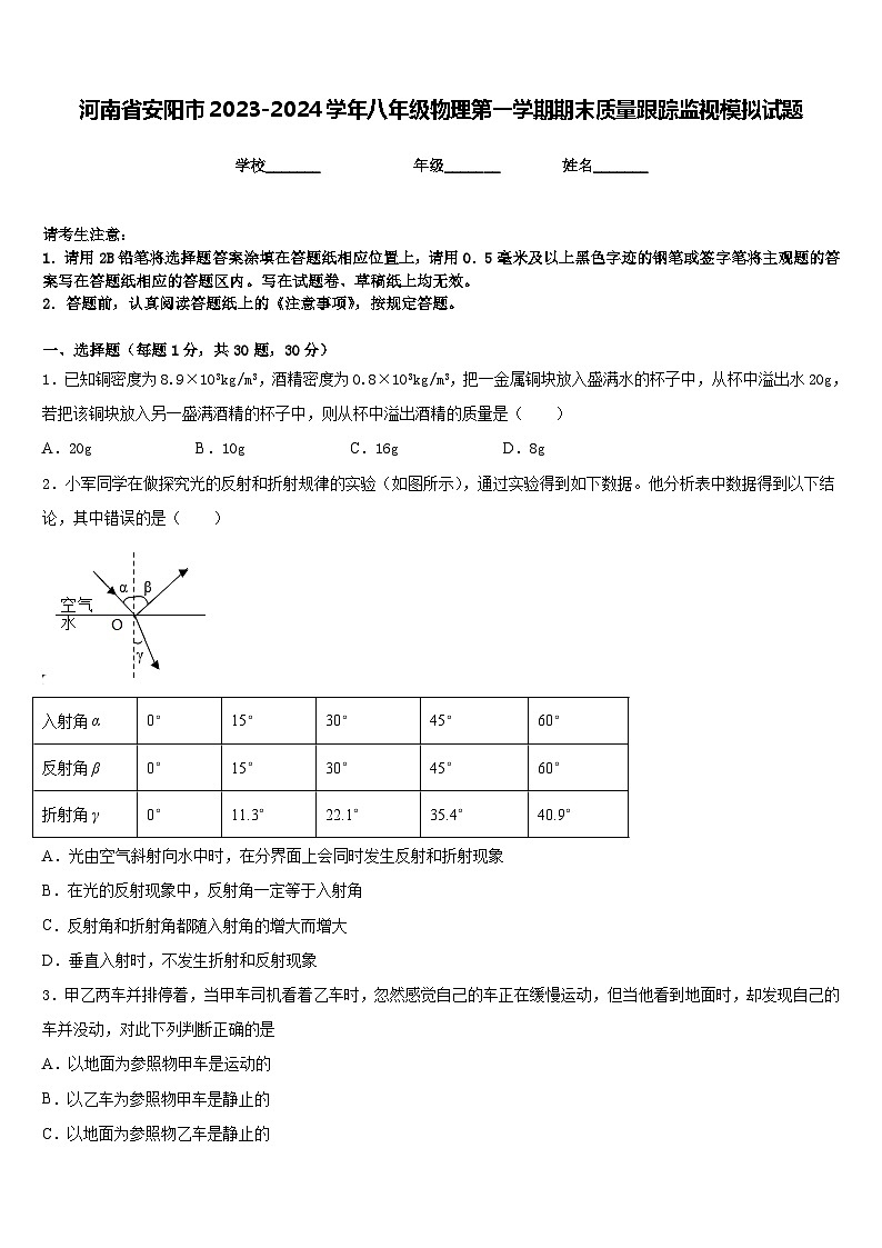 河南省安陽市2023-2024學(xué)年八年級物理第一學(xué)期期末質(zhì)量跟蹤監(jiān)視模擬試題含答案第1頁