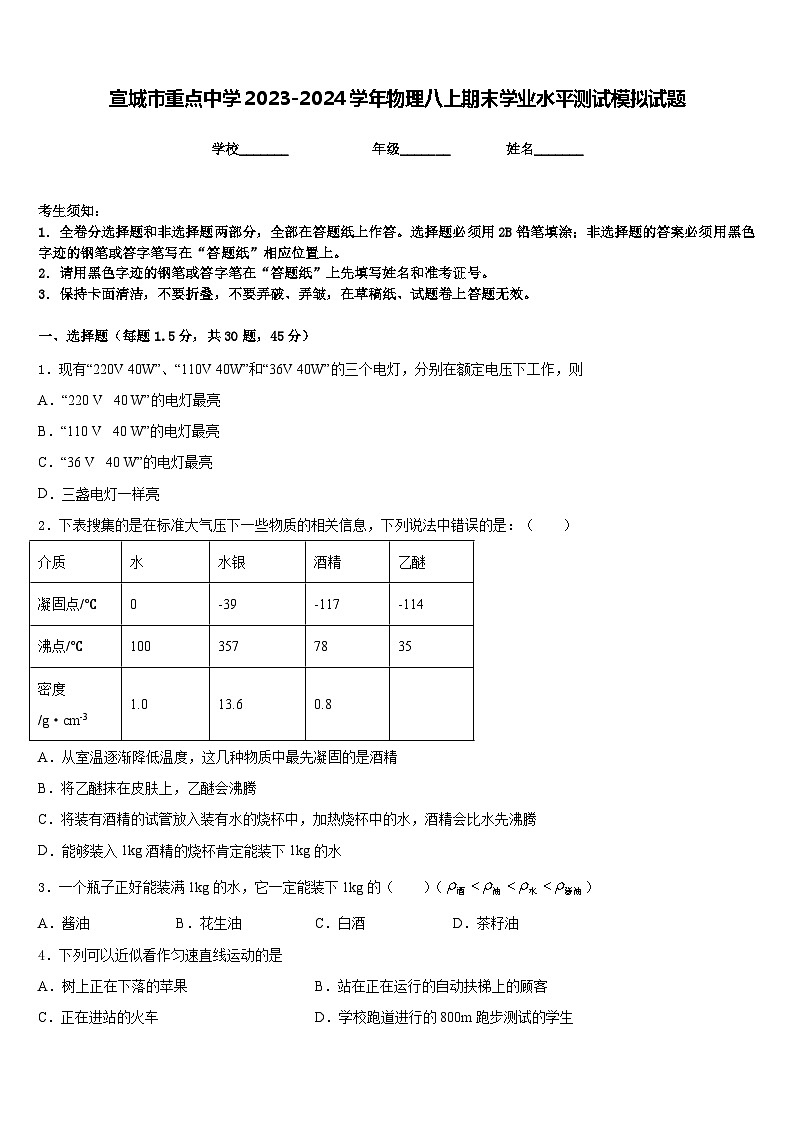 宣城市重點(diǎn)中學(xué)2023-2024學(xué)年物理八上期末學(xué)業(yè)水平測(cè)試模擬試題含答案第1頁(yè)