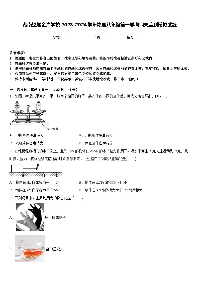 湖南望城金海学校2023-2024学年物理八年级第一学期期末监测模拟试题含答案第1页