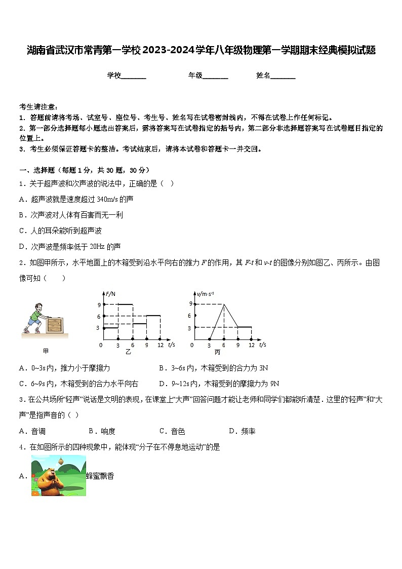 湖南省武汉市常青第一学校2023-2024学年八年级物理第一学期期末经典模拟试题含答案01