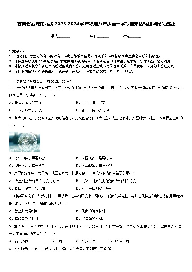 甘肃省武威市九级2023-2024学年物理八年级第一学期期末达标检测模拟试题含答案第1页
