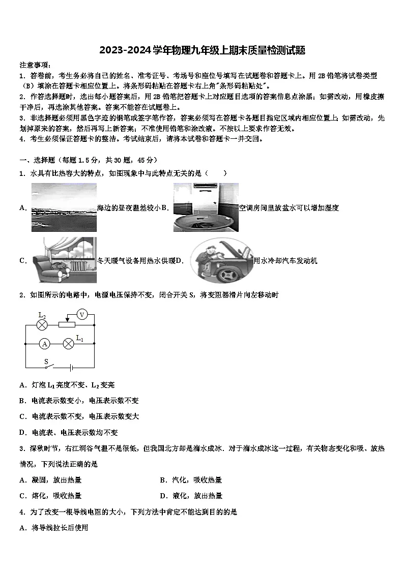 2023-2024学年物理九年级上期末质量检测试题第1页