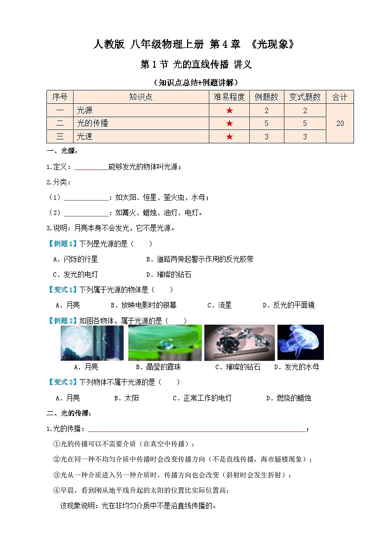 人教版八年级物理上册4.1光的直线传播(讲义)学生版+解析第1页