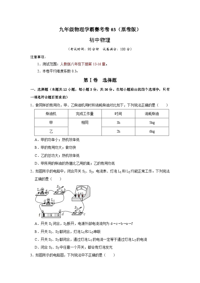 人教版九年级全一册物理《压轴挑战》培优专题训练 学霸赛考卷03(原卷版+解析)第1页