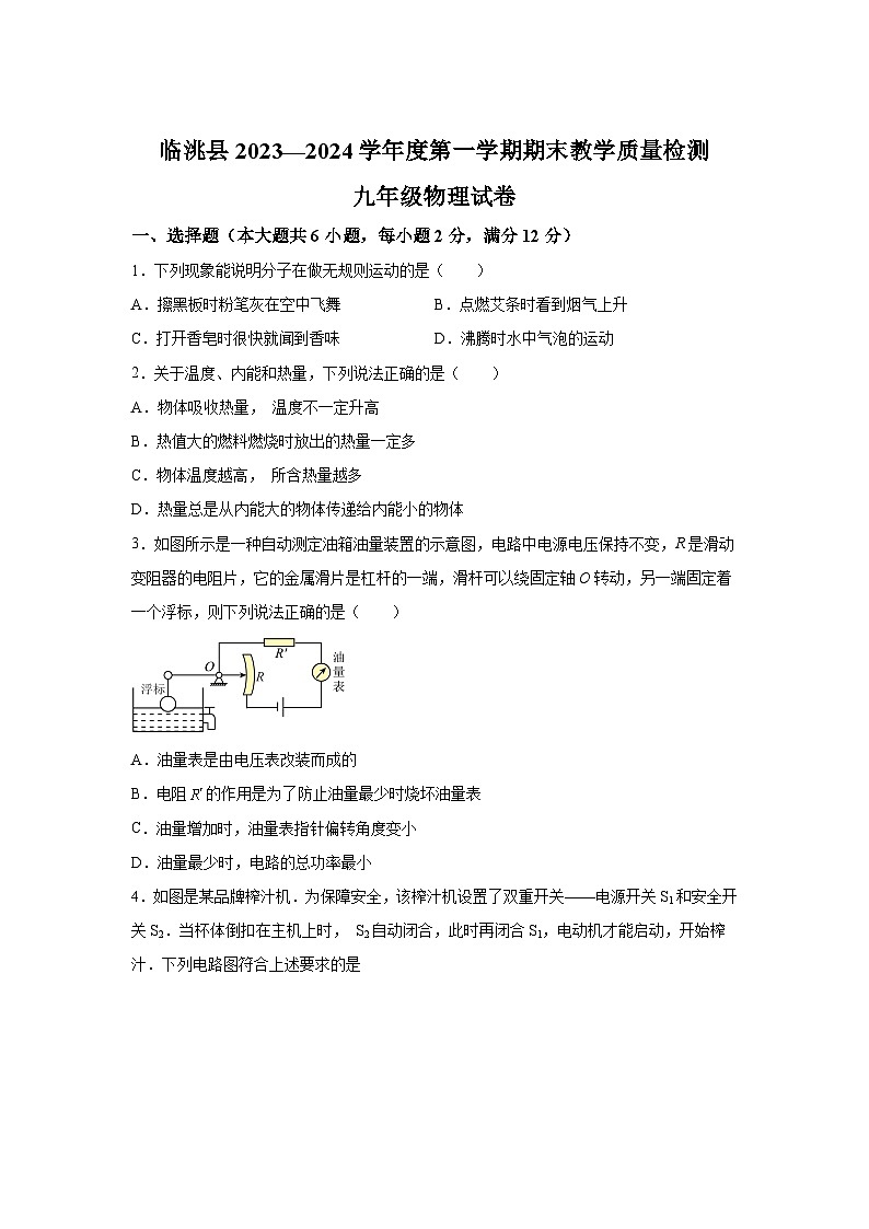 甘肃省定西市临洮县2023-2024学年九年级(上)期末考试物理试题(含解析)第1页