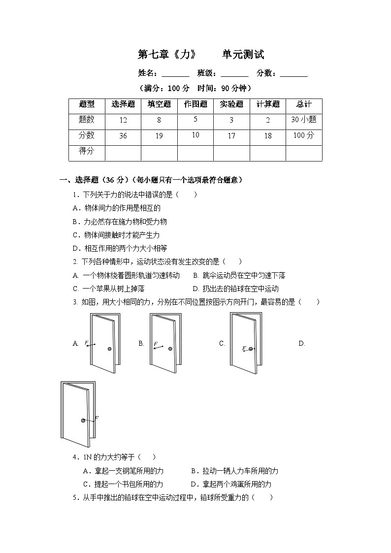 第七章《力》單元測試題【原卷版】第1頁