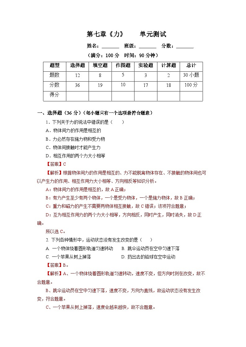 第七章《力》單元測(cè)試題【解析版】第1頁(yè)