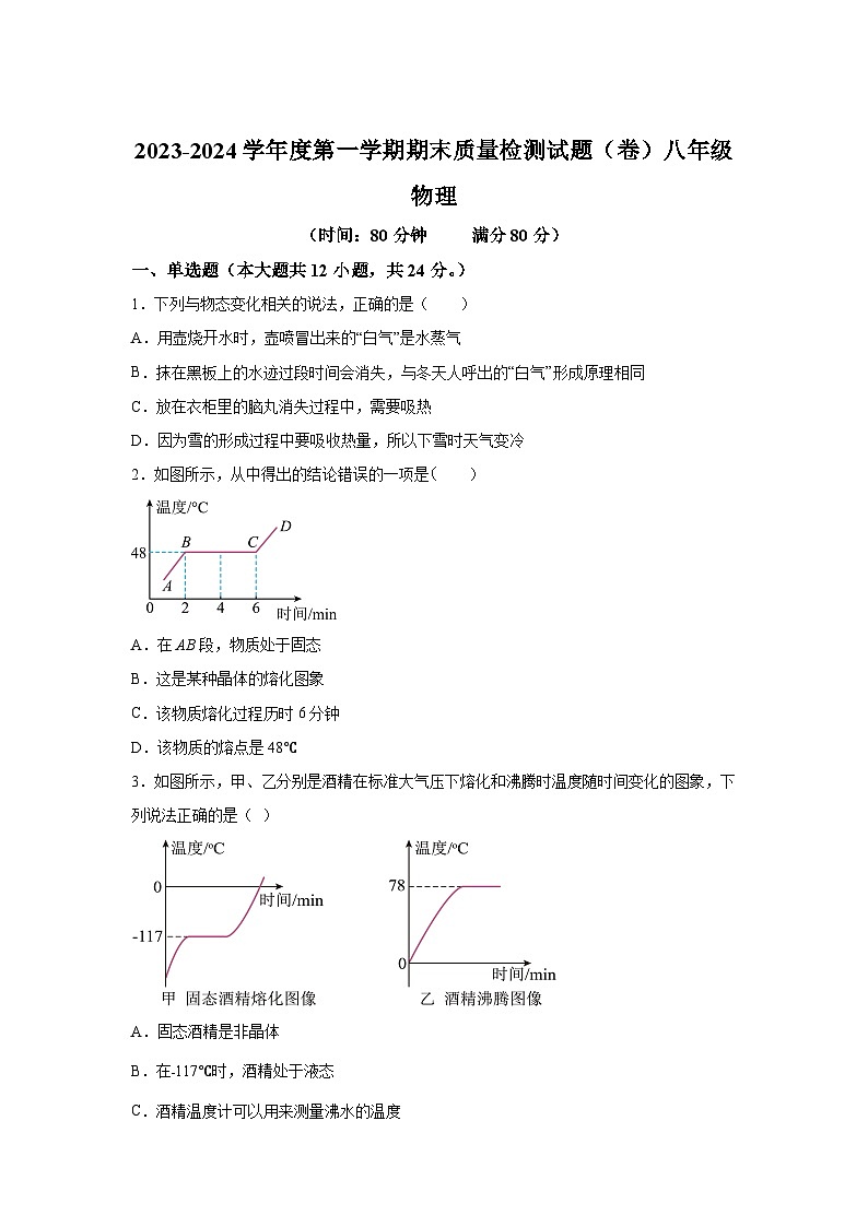 陕西省宝鸡市陈仓区2023-2024学年八年级上册期末质量检测物理试题(含解析)01