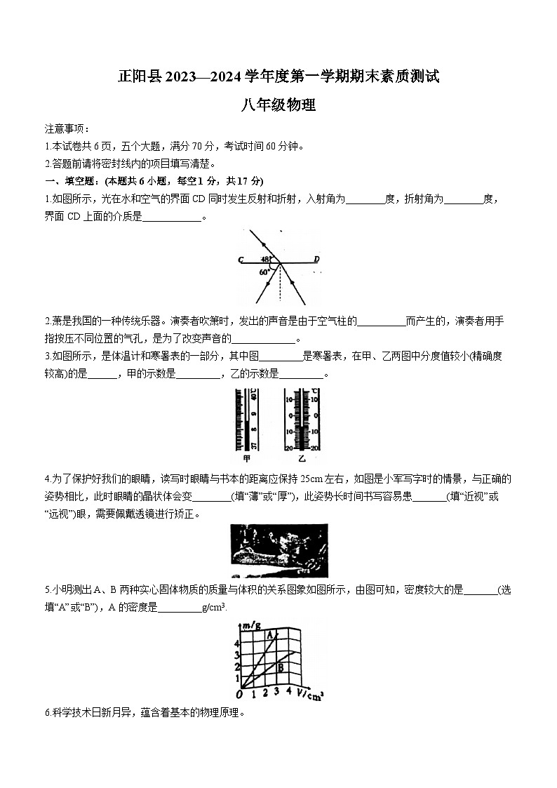 河南省驻马店市正阳县2023-2024学年八年级上学期1月期末考试物理试题第1页