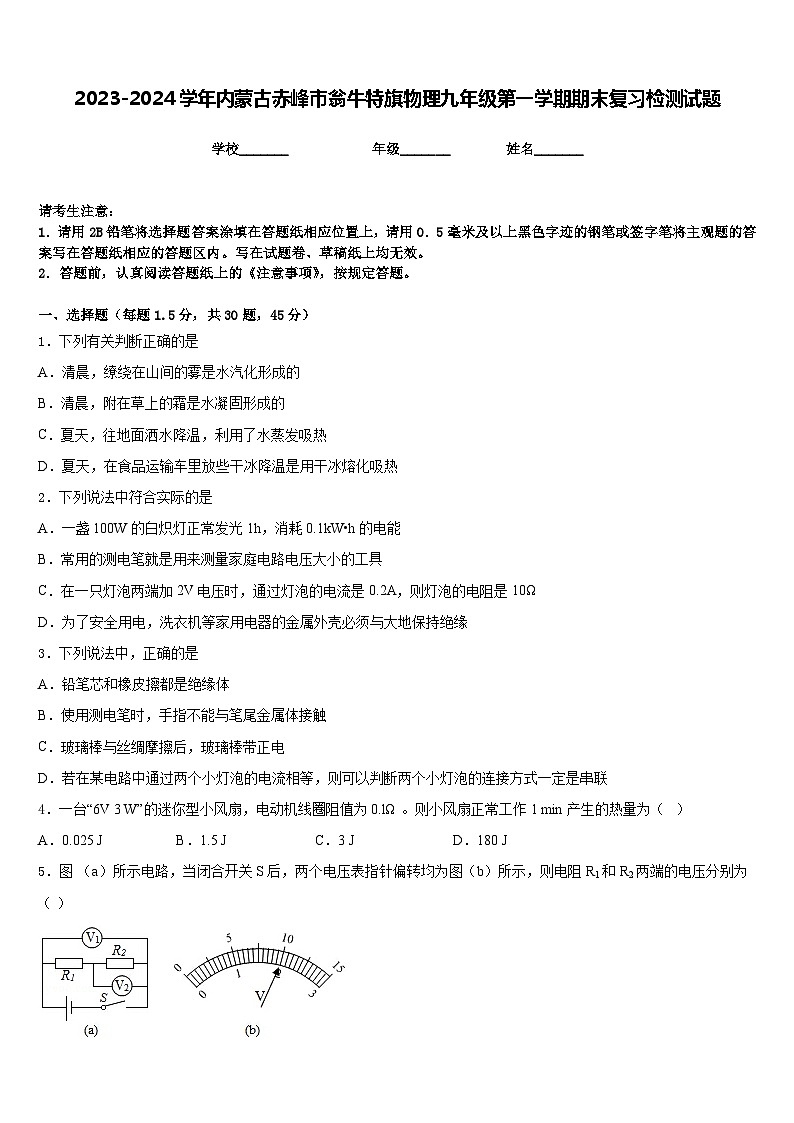 2023-2024学年内蒙古赤峰市翁牛特旗物理九年级第一学期期末复习检测试题含答案01