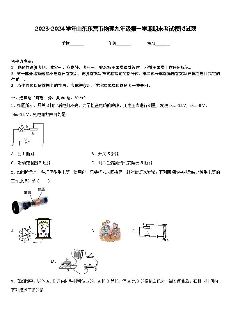 2023-2024学年山东东营市物理九年级第一学期期末考试模拟试题含答案第1页