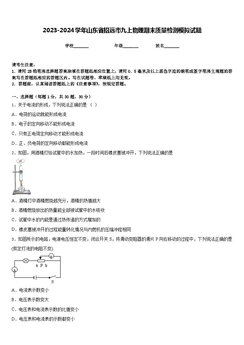 2023-2024学年山东省招远市九上物理期末质量检测模拟试题含答案第1页