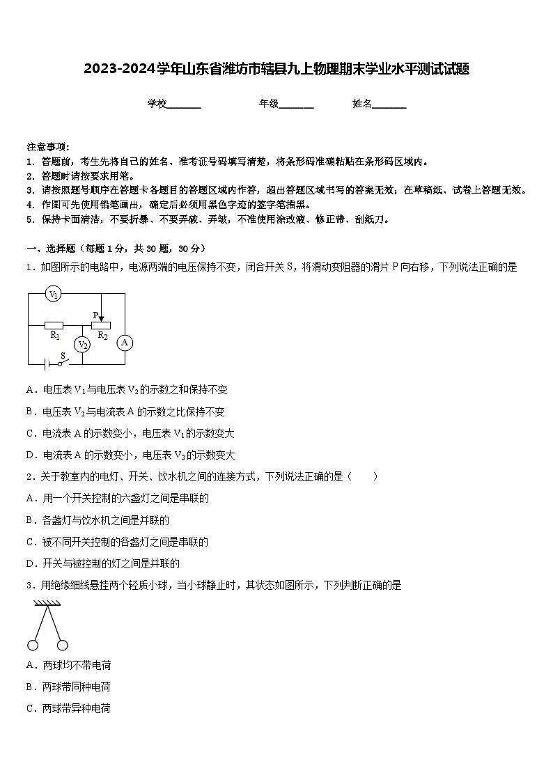 2023-2024学年山东省潍坊市辖县九上物理期末学业水平测试试题含答案第1页