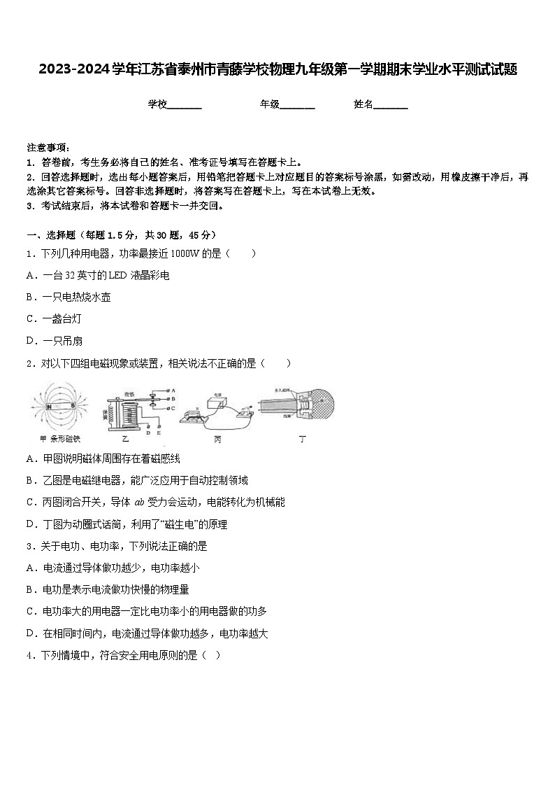 2023-2024学年江苏省泰州市青藤学校物理九年级第一学期期末学业水平测试试题含答案第1页