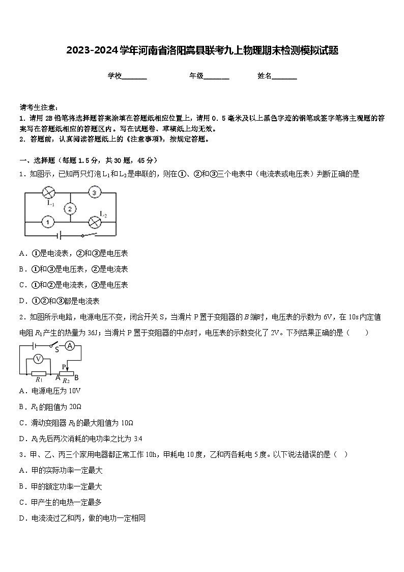 2023-2024学年河南省洛阳嵩县联考九上物理期末检测模拟试题含答案第1页