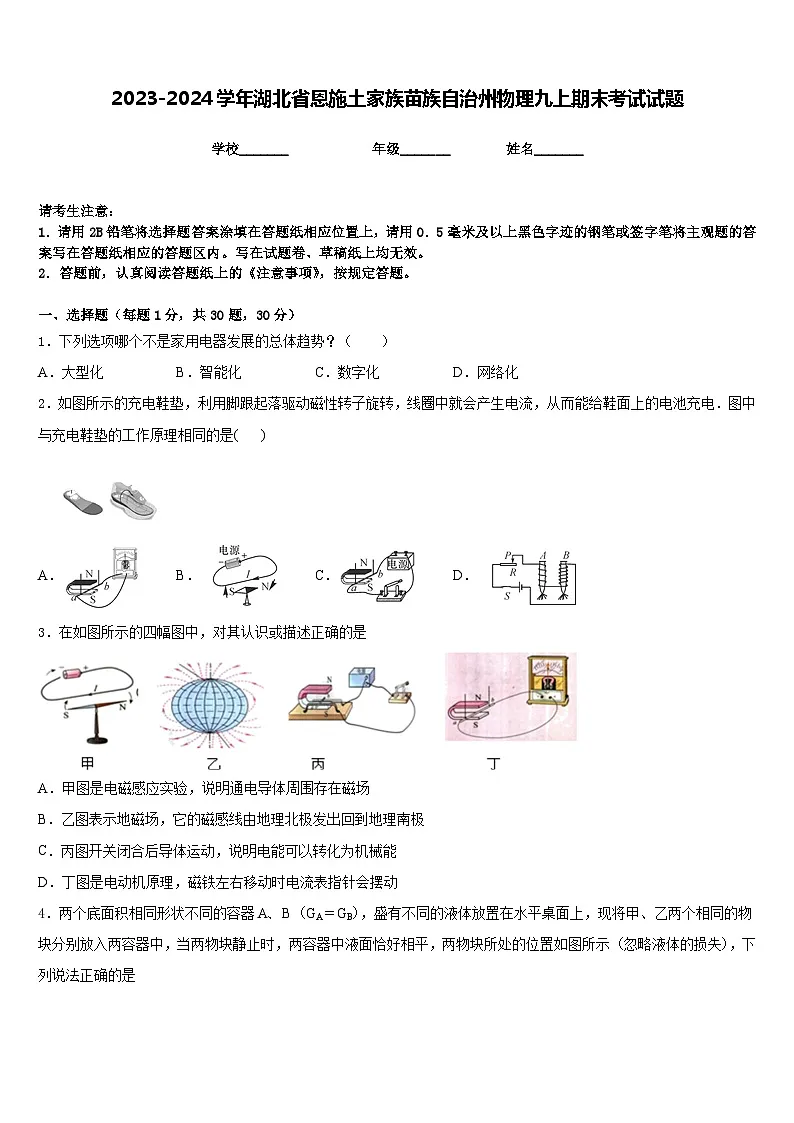 2023-2024学年湖北省恩施土家族苗族自治州物理九上期末考试试题含答案第1页