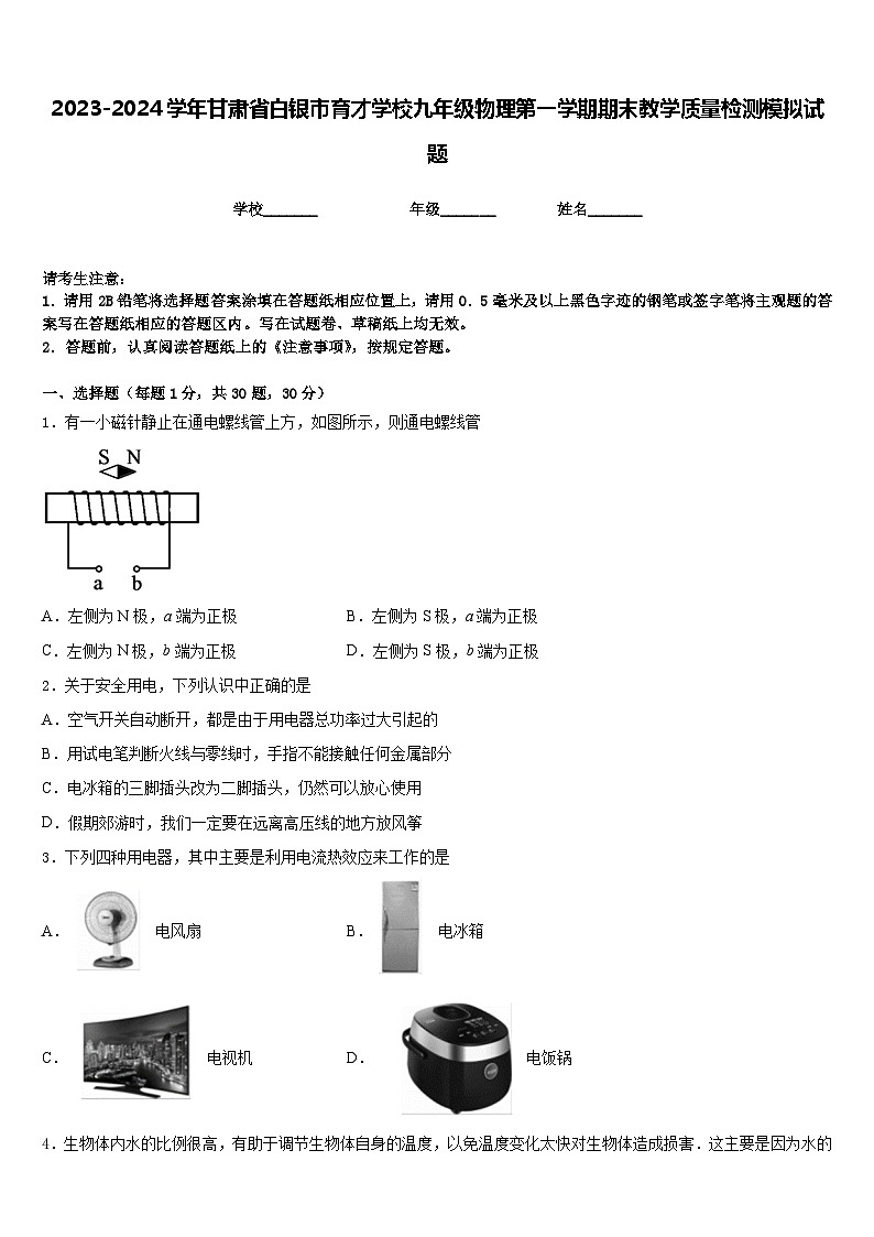 2023-2024学年甘肃省白银市育才学校九年级物理第一学期期末教学质量检测模拟试题含答案第1页