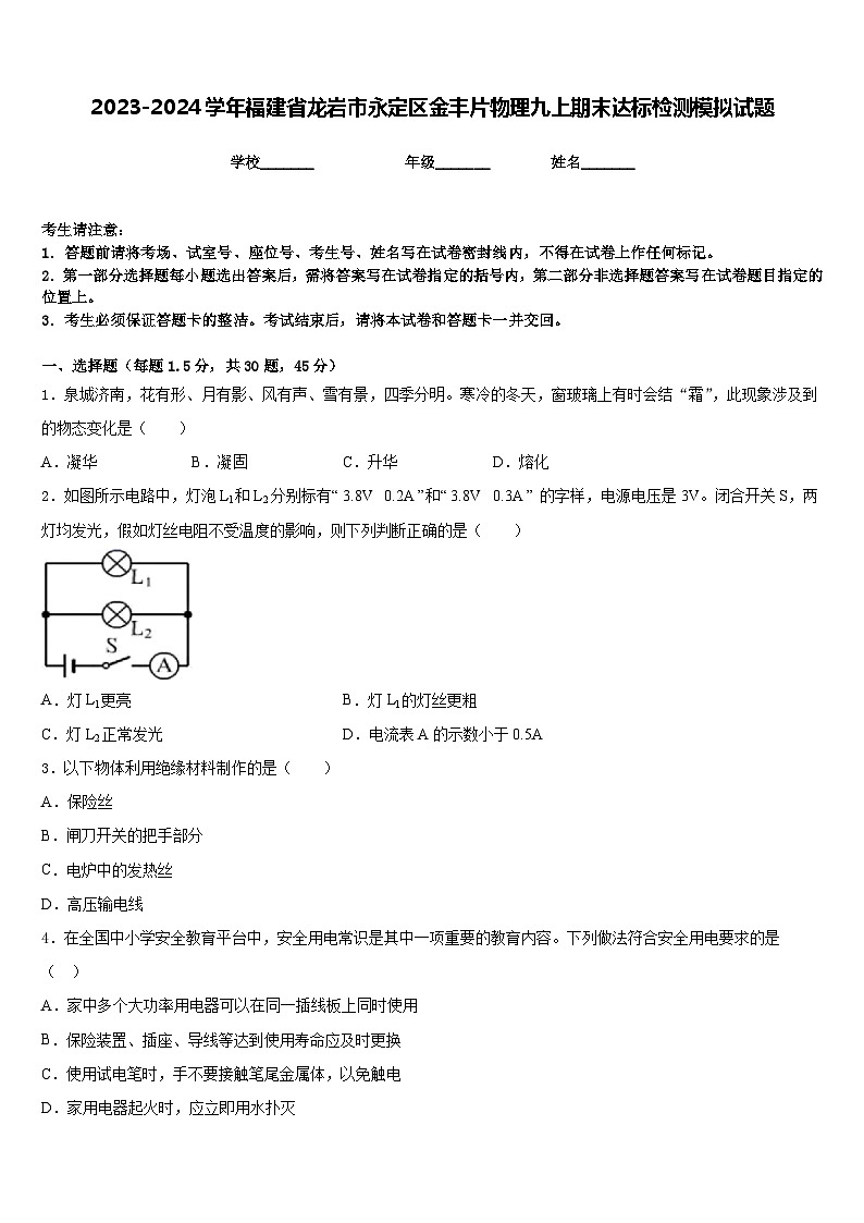 2023-2024学年福建省龙岩市永定区金丰片物理九上期末达标检测模拟试题含答案第1页