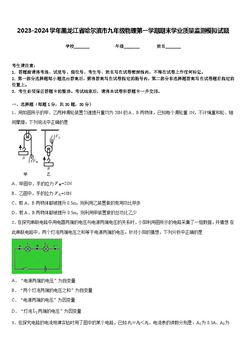 2023-2024学年黑龙江省哈尔滨市九年级物理第一学期期末学业质量监测模拟试题含答案01