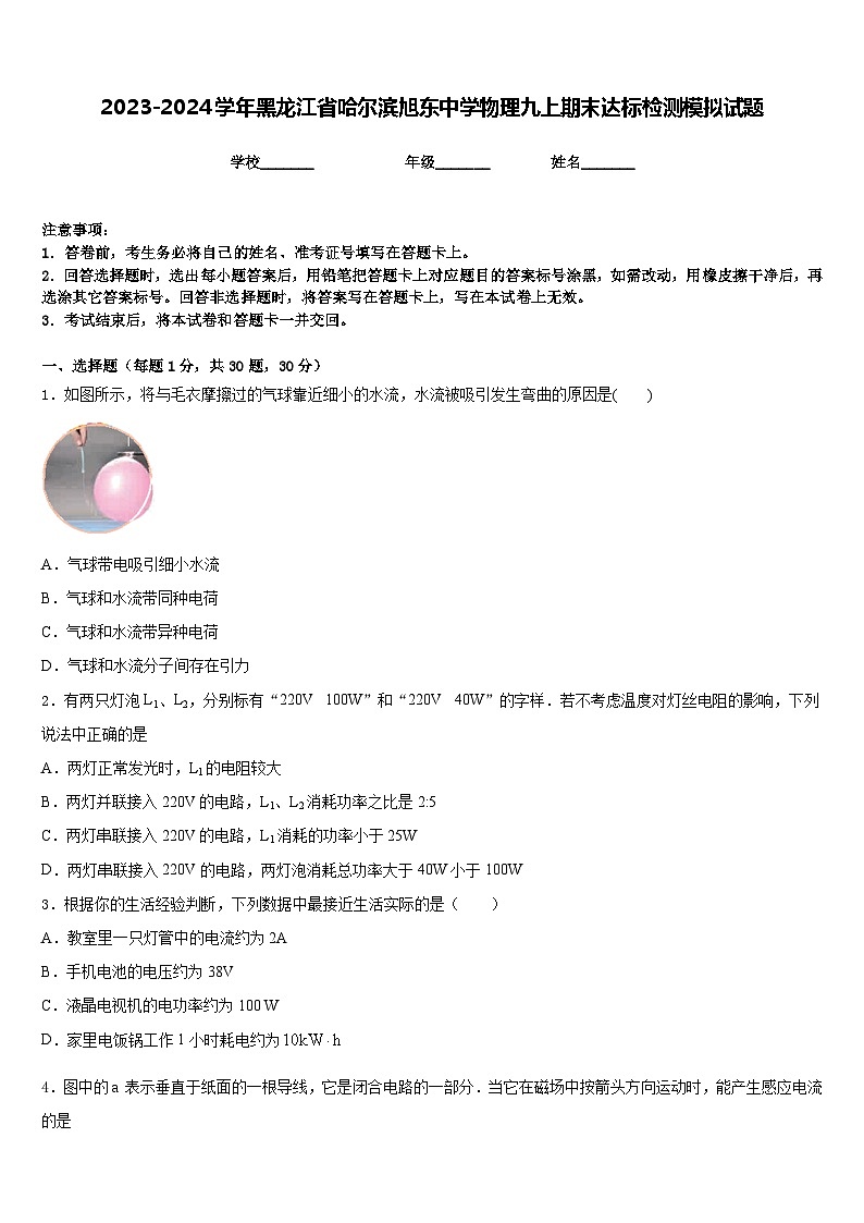 2023-2024学年黑龙江省哈尔滨旭东中学物理九上期末达标检测模拟试题含答案第1页