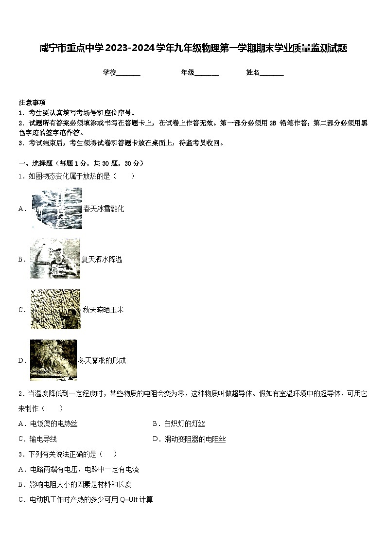 咸宁市重点中学2023-2024学年九年级物理第一学期期末学业质量监测试题含答案第1页