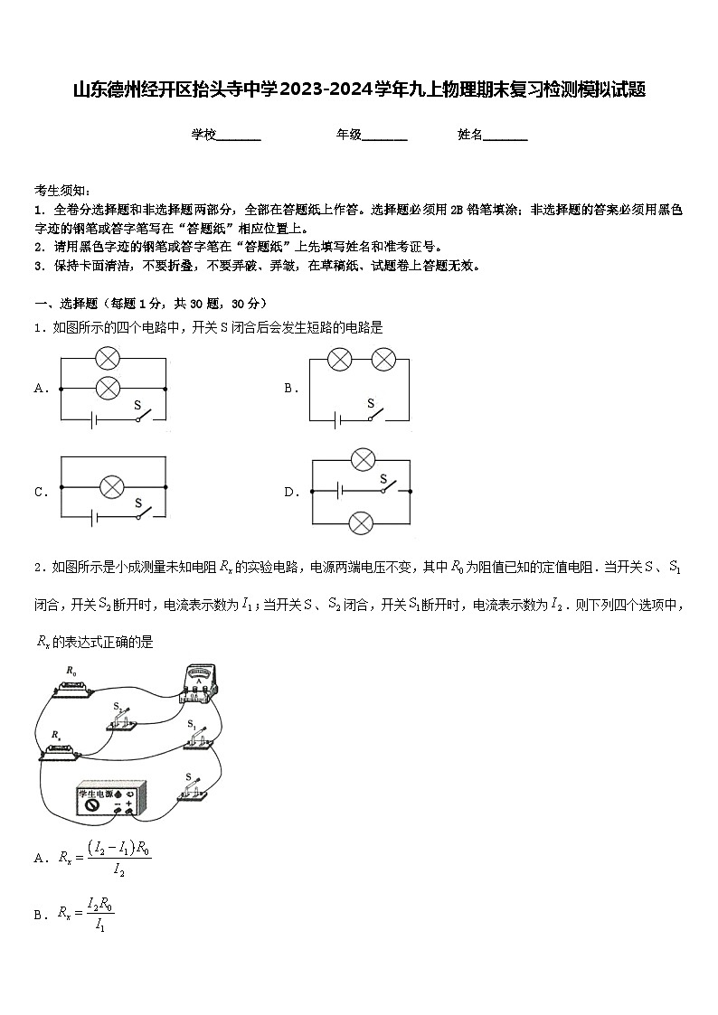 山东德州经开区抬头寺中学2023-2024学年九上物理期末复习检测模拟试题含答案第1页