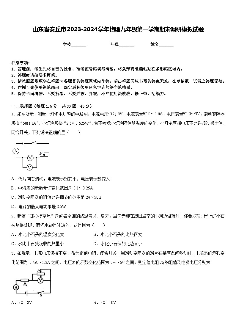 山东省安丘市2023-2024学年物理九年级第一学期期末调研模拟试题含答案第1页