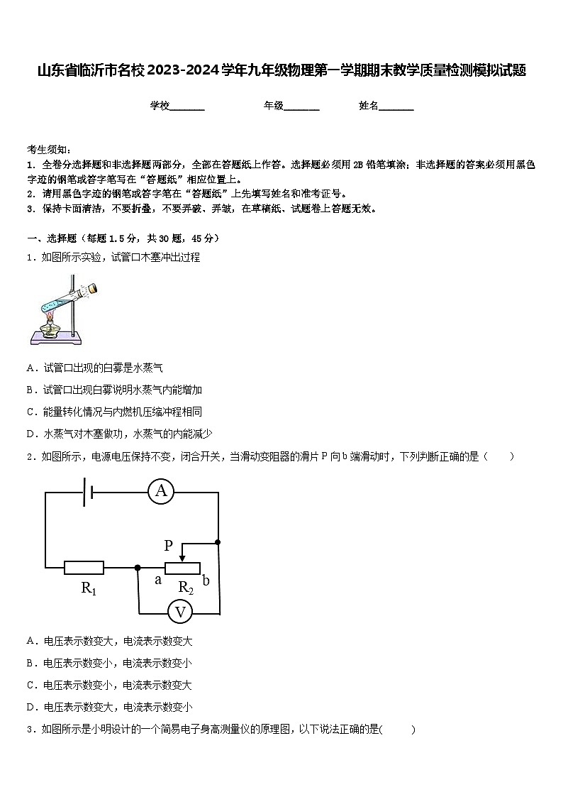 山东省临沂市名校2023-2024学年九年级物理第一学期期末教学质量检测模拟试题含答案01