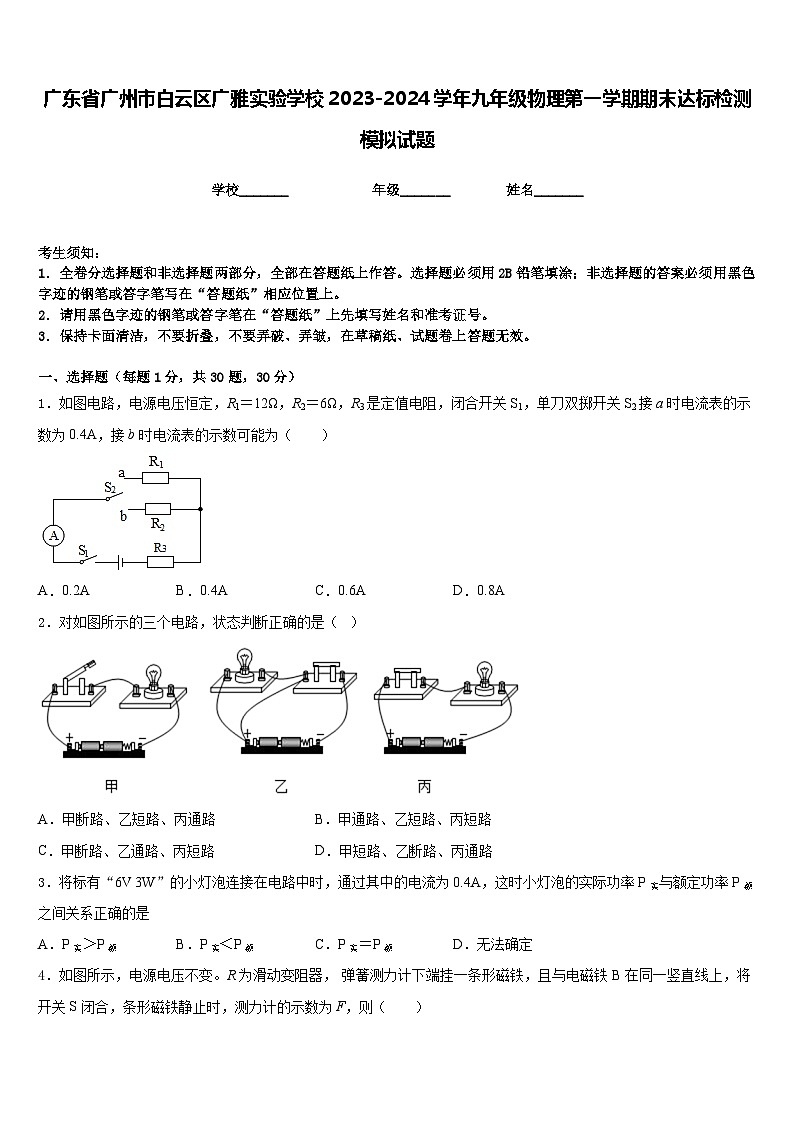 广东省广州市白云区广雅实验学校2023-2024学年九年级物理第一学期期末达标检测模拟试题含答案第1页