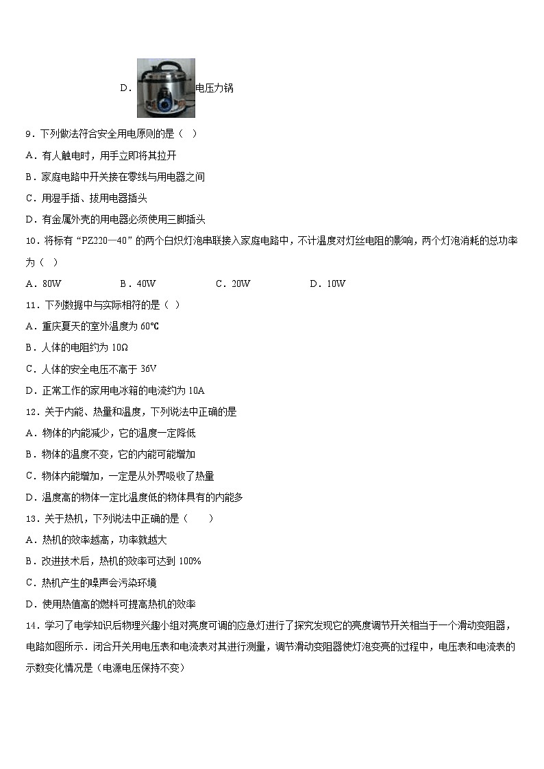 广东省惠州市英华学校2023-2024学年九年级物理第一学期期末统考模拟试题含答案第3页