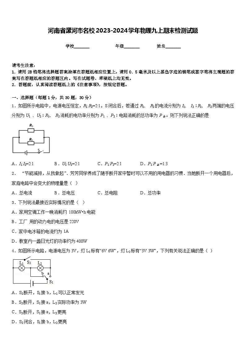 河南省漯河市名校2023-2024学年物理九上期末检测试题含答案第1页