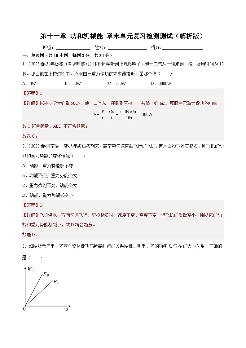 第十一章 功和机械能 章末单元复习检测测试(解析版)-八年级物理下册同步精品课堂(人教版)第1页