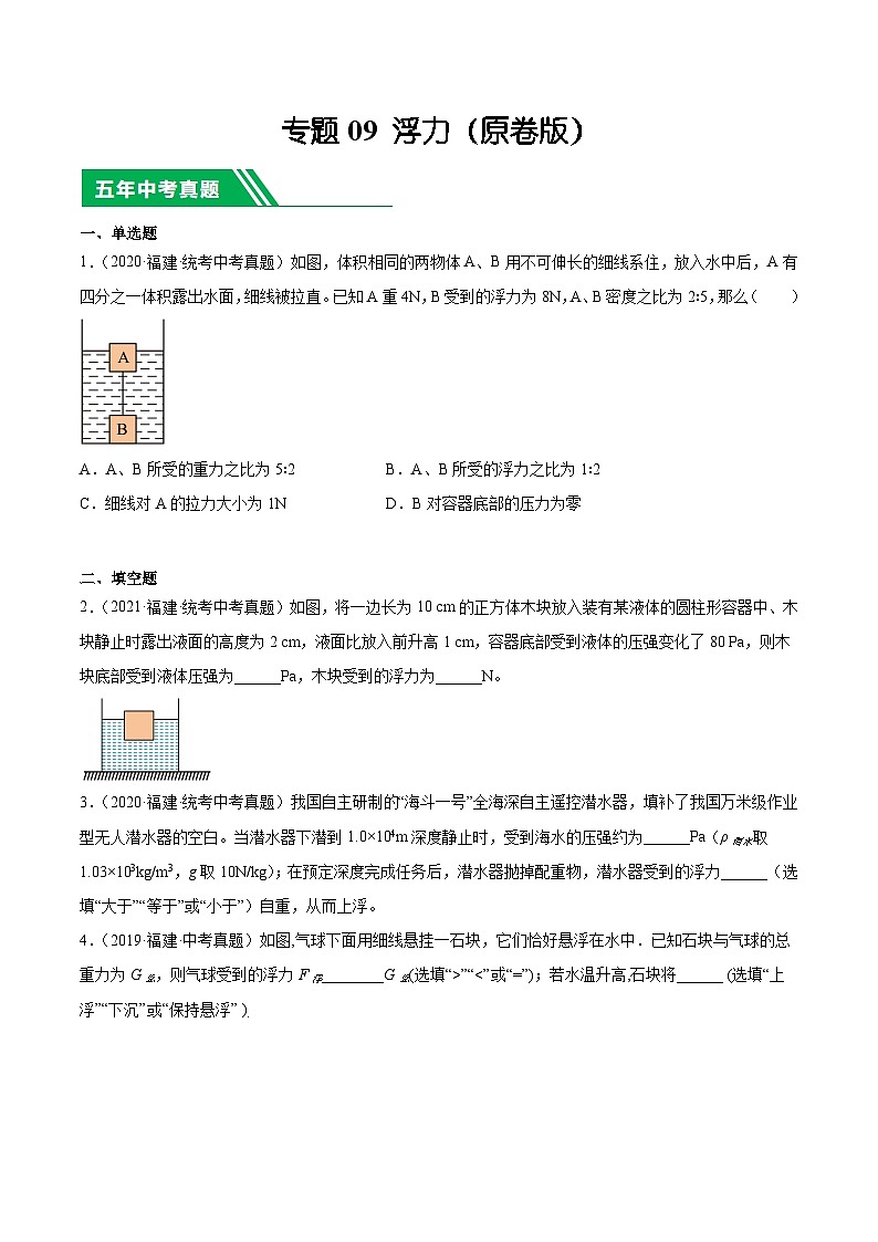专题09 浮力-5年(2019-2023)中考1年模拟物理分项汇编(福建专用)(原卷版)第1页